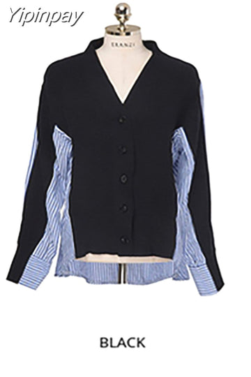 Yipinpay Patchwork Sweater Button Cardigan Laine Lovely Jumper V Neck Black Grey Sweaters Casual Women Autumn Knitting Stripe Tops